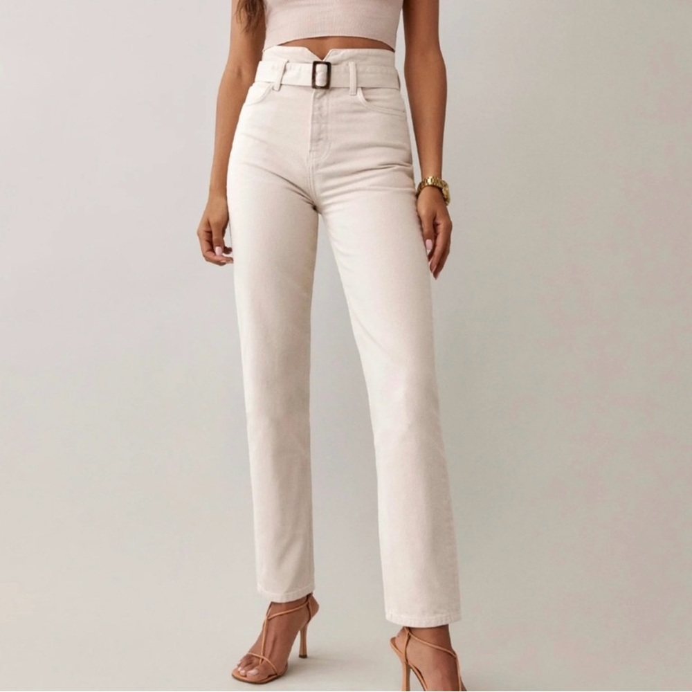 Reformation Cynthia Belted High Rise Cream Jeans size 26
